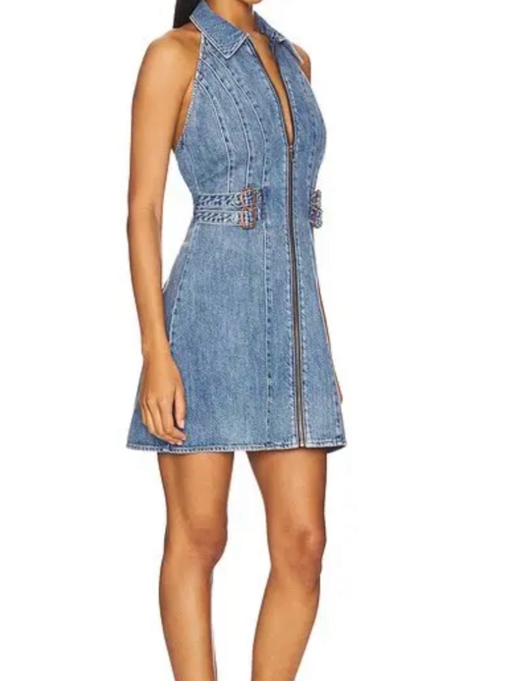 Alice + Olivia Light Blue Denim Zip-Front Halter Mini Dress - Picture 2 of 2